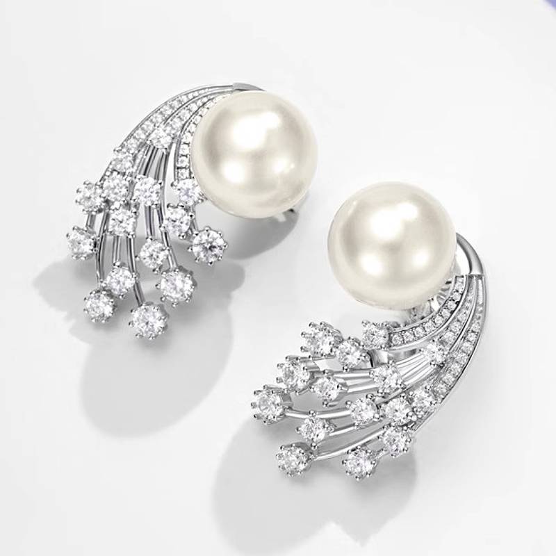 Huitan Feather Design Women Stud Earrings Imitation Pearl Elegant Wedding Accessories with CZ Trendy Anniversary Zircon Gift