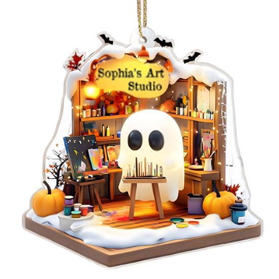 Cute Ghost Reading Book Ornament 2D Acrylic Ghost Pumpkin Window Hanging Decoration for Halloween Home Party Decor