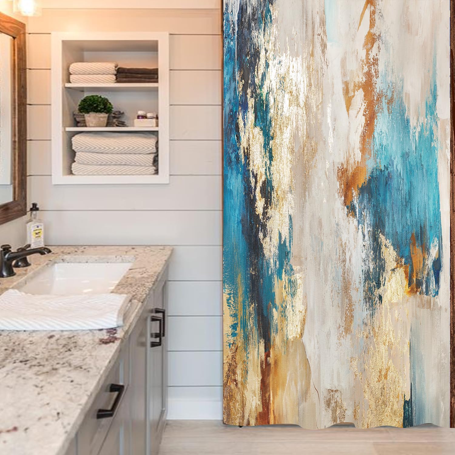 

Abstract Blue Shower Curtain For Bathroom, Beige And Gold Yellow Shower Curtains, Modern Painting Farmhouse Aesthetic Polyester W60H190(CM)-1 Pcs