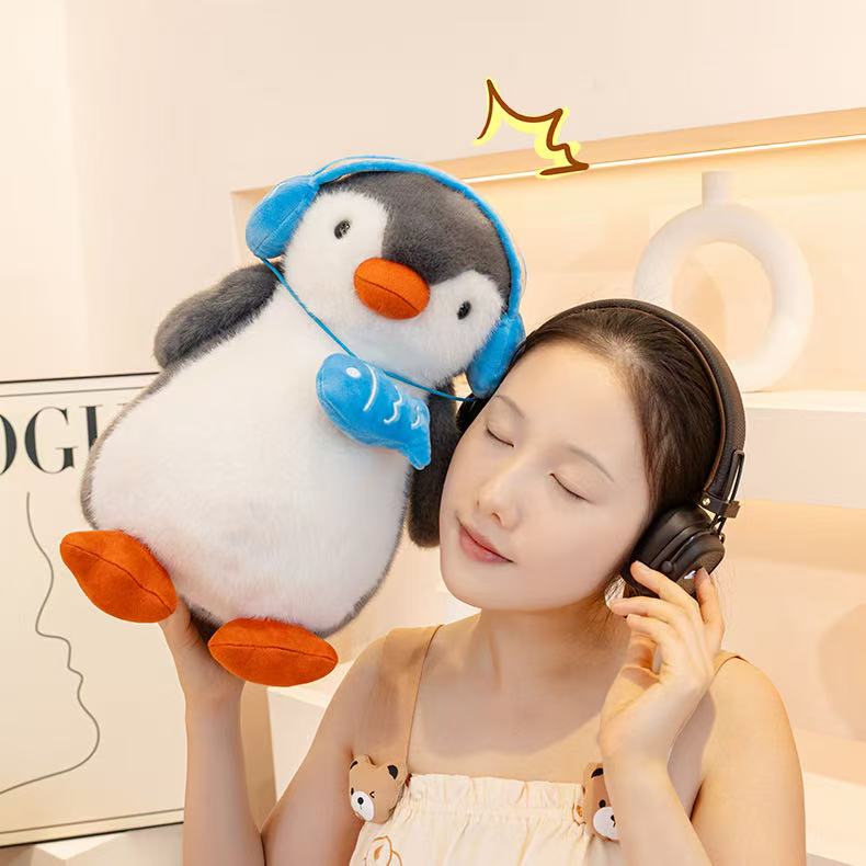 25/35cm New Simulation Penguin Doll with Headphones Plush Toy Cartoon Anime Cute Pillow for Children's Birthday Gift Fun Doll