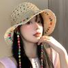 Foldable Straw Hat Color Wood Beads Sunshade Hat New Sun Cap
