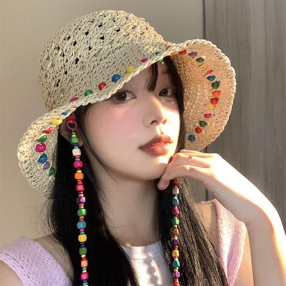 Foldable Straw Hat Color Wood Beads Sunshade Hat New Sun Cap