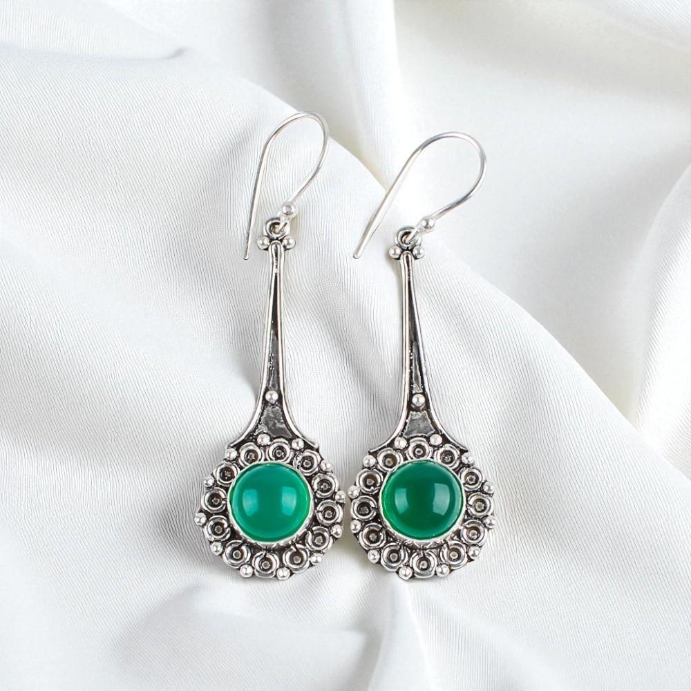 Rare Green Onyx Cab Gemstone 925 Sterling Silver Jewelry Handmade Earrings 2.52" EE-77-23