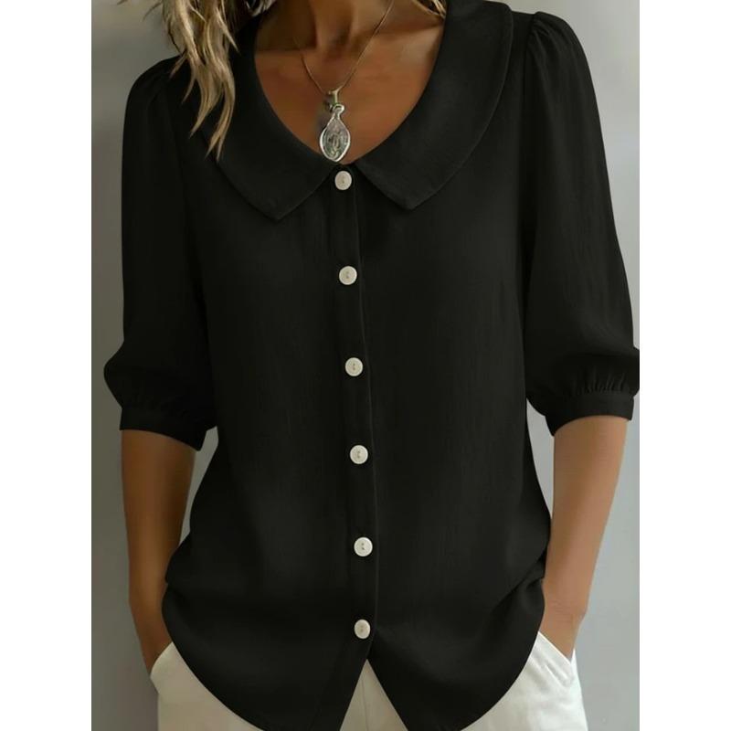 Womens Solid Doll Collar Button Down 3 4 Sleeve Blouse