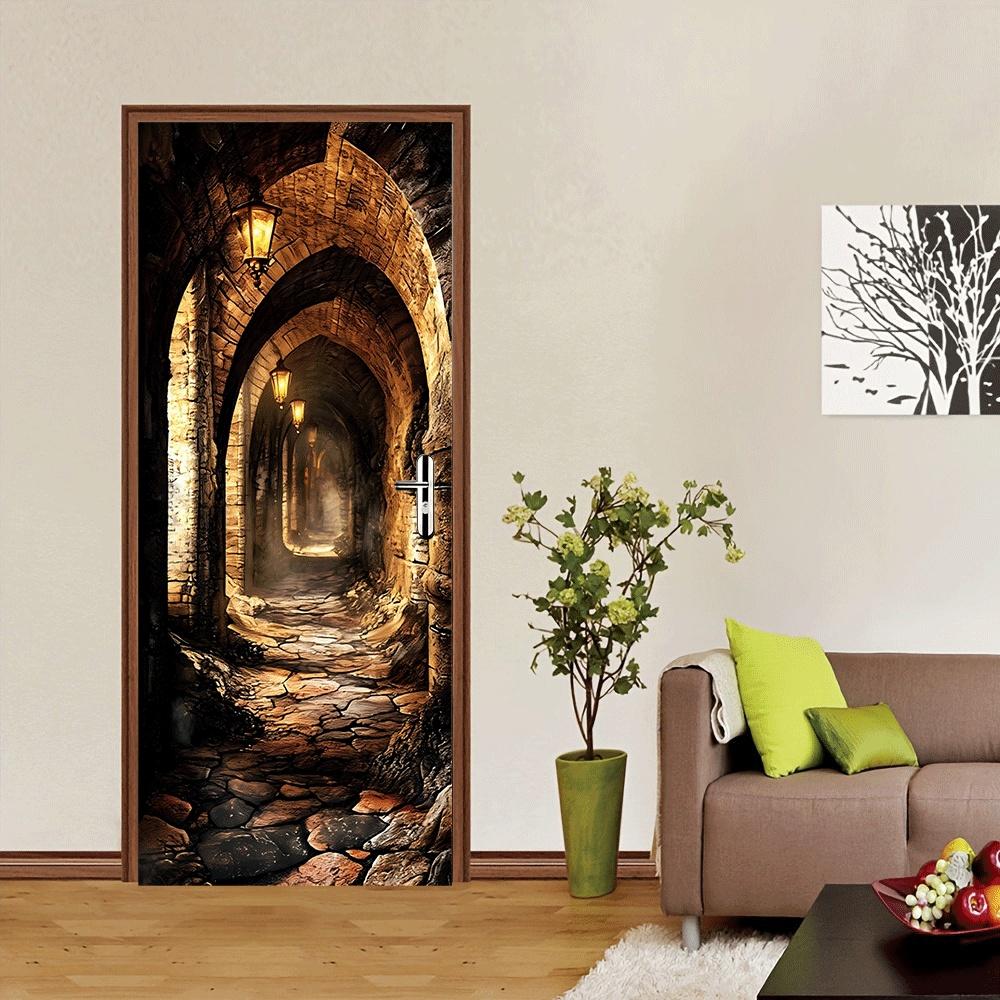 2pcs Medieval Retro Castle Tunnel Wall Stickers, Three-dimensional Arch Corridor Stickers, Living Room Entrance Background Wall