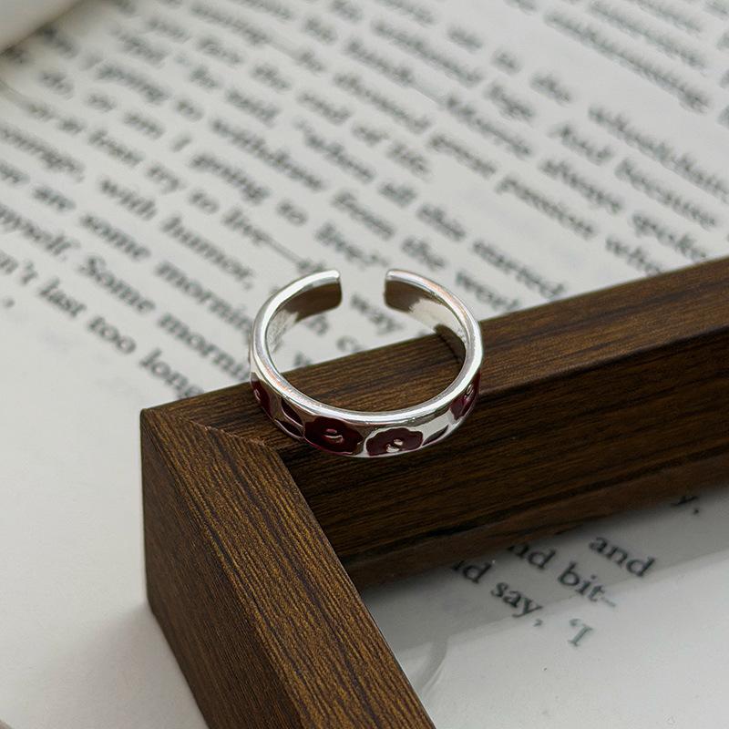 Oriental Aesthetics Retro Light Luxury Niche Red Enamel Transfer Opening Ring Plum Blossom Auspicious Cloud Zircon Stacked Ring Adjustable opening