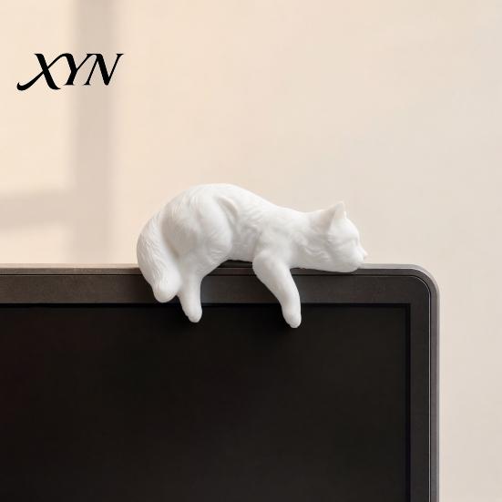 Cat Shelf Decoration Cute Figurine Computer Monitor Decor, 3D Printed Screen TV Lazy Figure Topper, Small Kitten Car Dashboard Ornament for