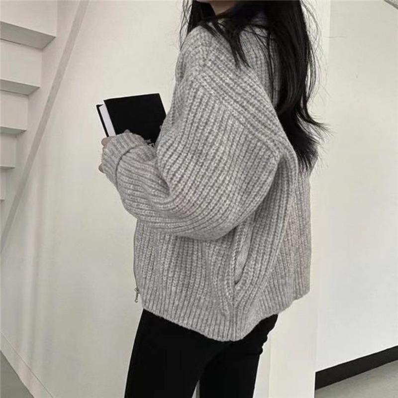 Short Zipper Sweater Jacket Women's Fall and Winter Round Neck Senior Sense of Lazy Wind Knitted Cardigan