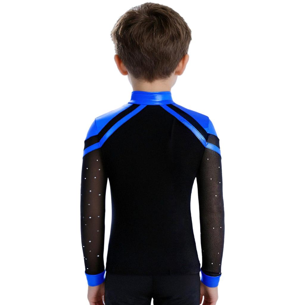 Boys V Neck Long Sleeve Shiny Metallic Color Block Figure Skating Top
