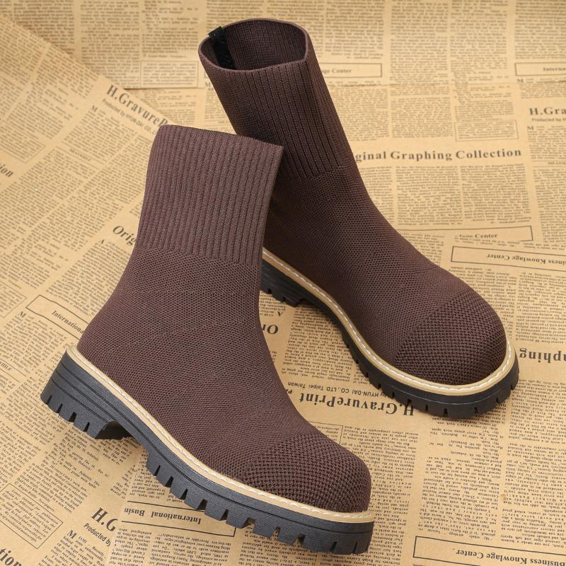 Vintage Platform Thick Heel Women Ankle Boots Comfort Slip On Shoes Autumn Winter Ladies Stretch Slim Short Booties
