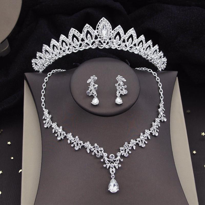 Silver Colors Crystal Bridal Jewelry Sets Women Fashion Tiaras Earrings Choker Necklace Wedding Dress Bride Crown Jewelry Set