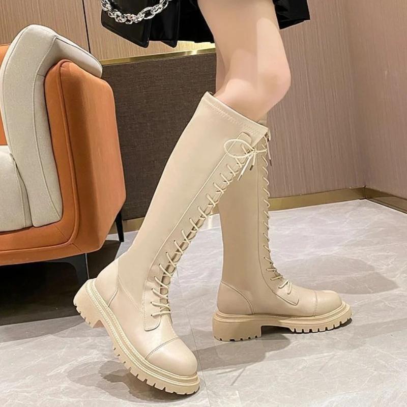 Fashion Round Toe Leather Knee High Shaft Shoes Woman New Rock Goth Long Boots for Women Designer Luxury Footwear Fashion 2025 Y2k Boot
