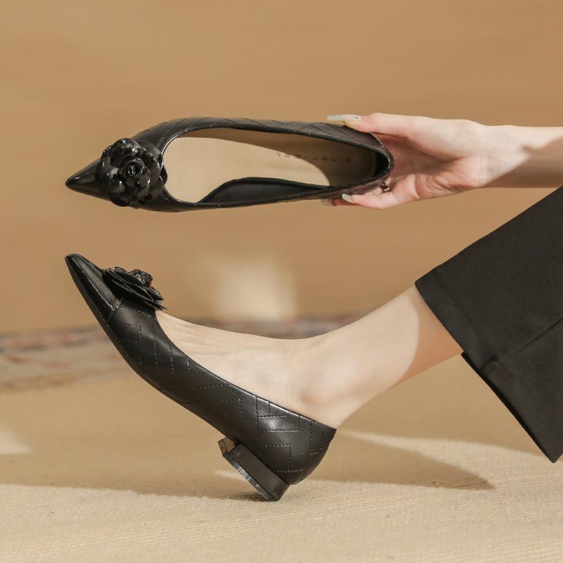 29802 [sheepskin] Flat Shoes Women's Thick Heel Autumn 2025 New Pointed Head Color Matching Low Heel Flower Shoes