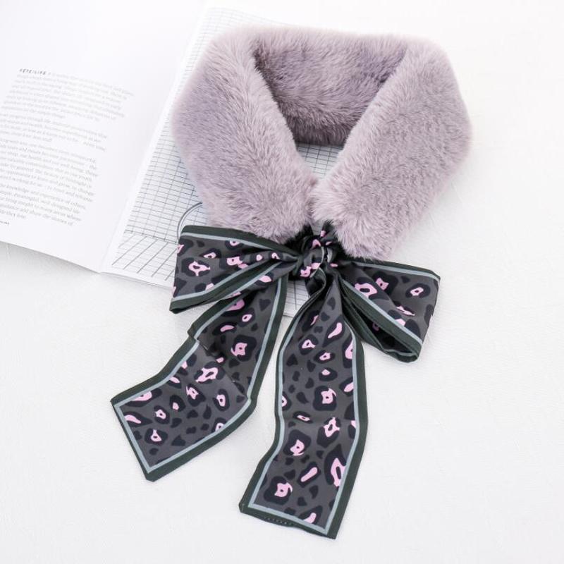 Women Ribbon Winter Plush Leopard Fur Collar Ribbon Scarf Warm Scarf