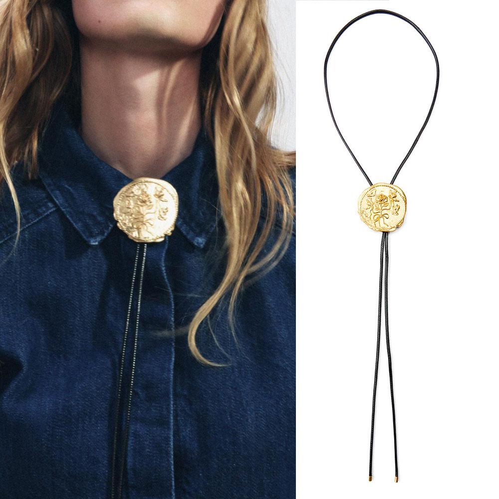 Vintage Irregular Metal Rose Round Label Adjustable Rope Chain Western Cowboy Style Necklace Women Personalized Jewelry