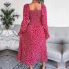 Fall Winter Square Neck Long Sleeve A Line Pleated Printed Long Dress S-XL