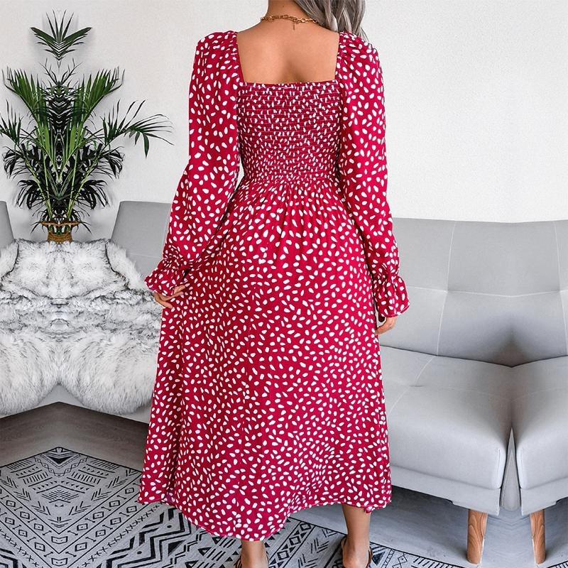 Fall Winter Square Neck Long Sleeve A Line Pleated Printed Long Dress S-XL