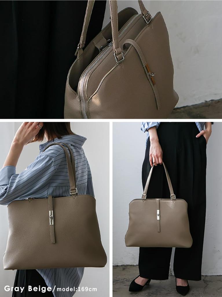 VITAFELICE Women's 3-Room Long Handle Tote Bag (sib-20073p) (Gray Beige)