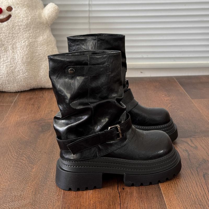 Fashion Platform Thick Bottom Women Ankle Boots Fashion Belt Buckle Shoes 2025 Autumn Winter Female Slip On Short Booties