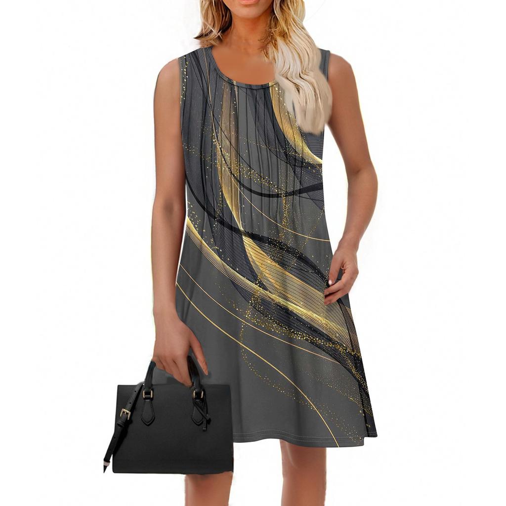 Robe d'été pour femme, mode, patchwork color block imprimé, ample, vacances à la plage, décontractée, sans manches, robe d'été