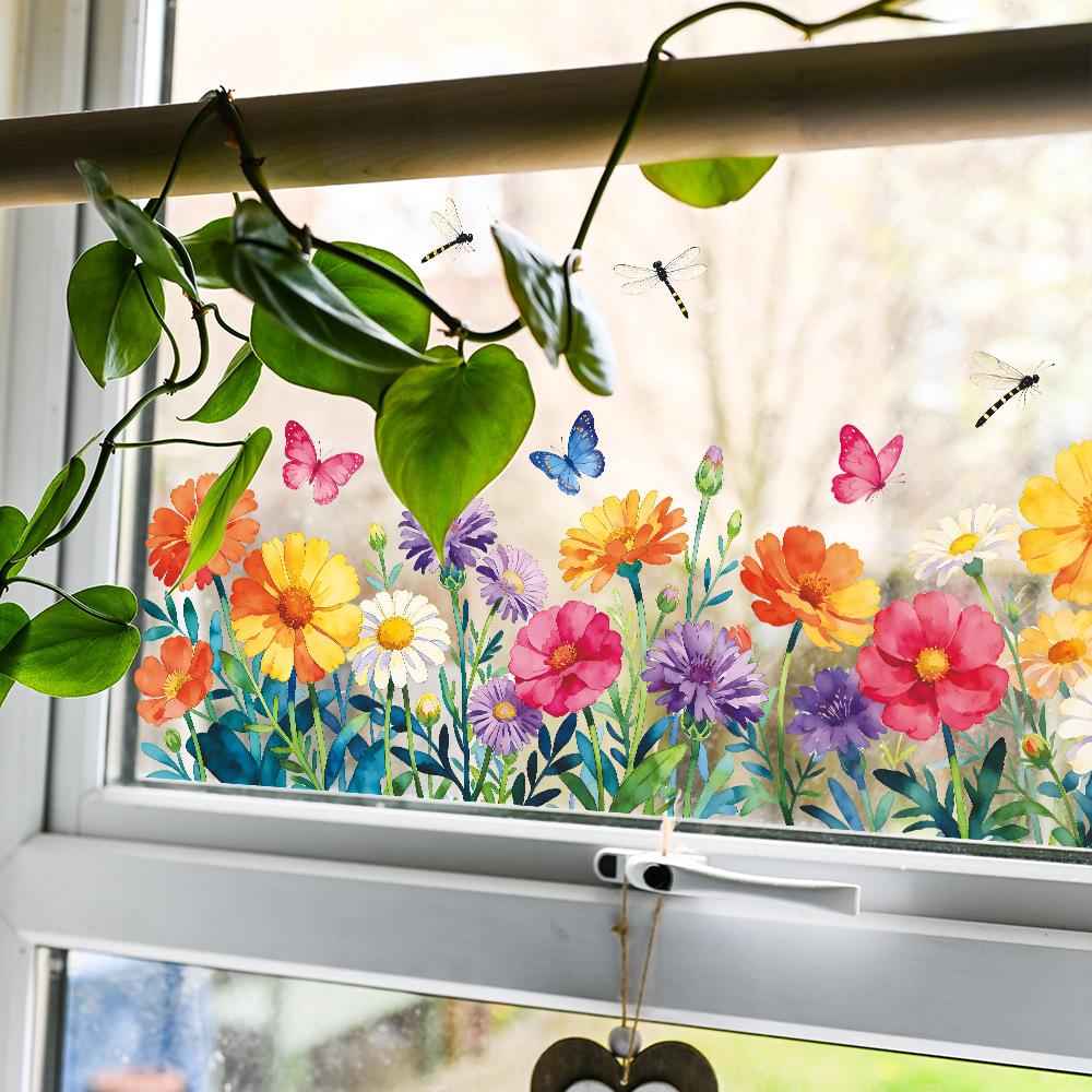 Watercolor Flower Butterfly Window Stickers Self Adhesive Glass Decals for Balcony Home Decor