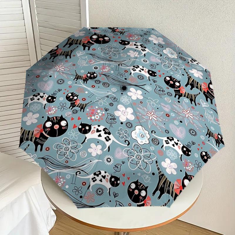 1PC Cats Flowers Umbrella-8-Rib Reinforced Portable Folding Travel Suitable for All Seasons Outdoor Daily Use -J0332