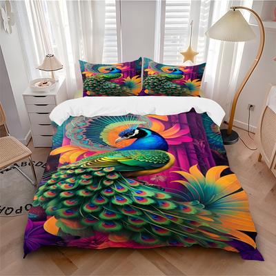 3pcs Peacock Feather Print Duvet Cover Set - Includes 1 Duvet Cover and 2 Pillowcases, No Quilt Core, All-Season Home Decor Yy251111024