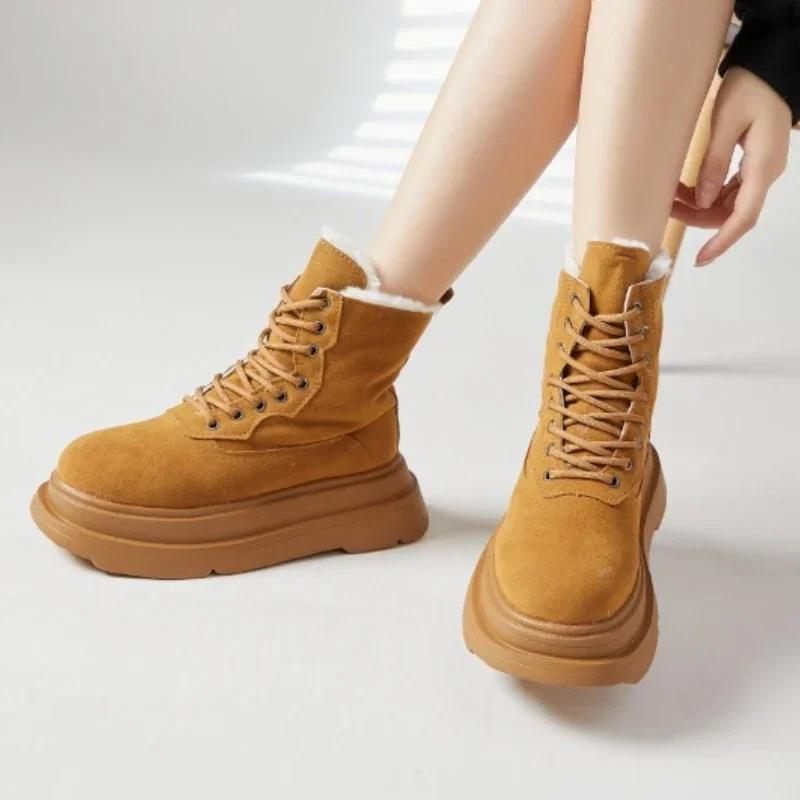Winter Warm Boots Women 2024 New British Style Lace Up Women's  Non-slip Thick Sole Motorcycle  Fashion Hiking