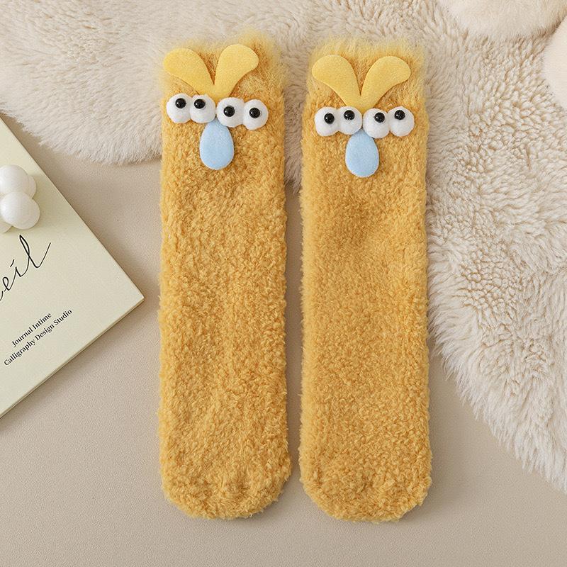 Funny Socks for Women in Autumn and Winter, Thickened and Fleece Warm Floor Socks, Cute and Ugly Coral Fleece Mid-calf Pile Cartoon Socks