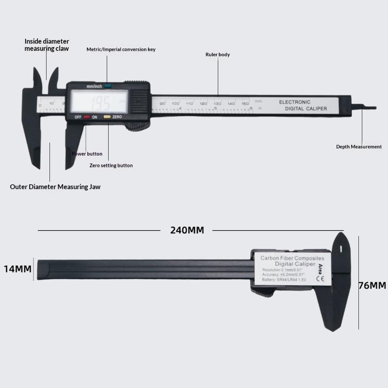 6 Zoll Digitale Schieblehre 0-150 mm LCD Elektronische Schieblehre, Kohlefaser Messschieber Höhenmesswerkzeuge Messinstrumente Mikrometer