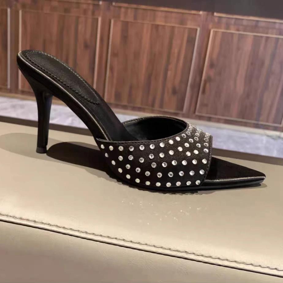 Fashion Pointed Toe High Heels Slippers Women Heeled Sandals Crystal Shoes Sexy 2025 Fashion Summer Open Toe Dress Pumps Party Slides