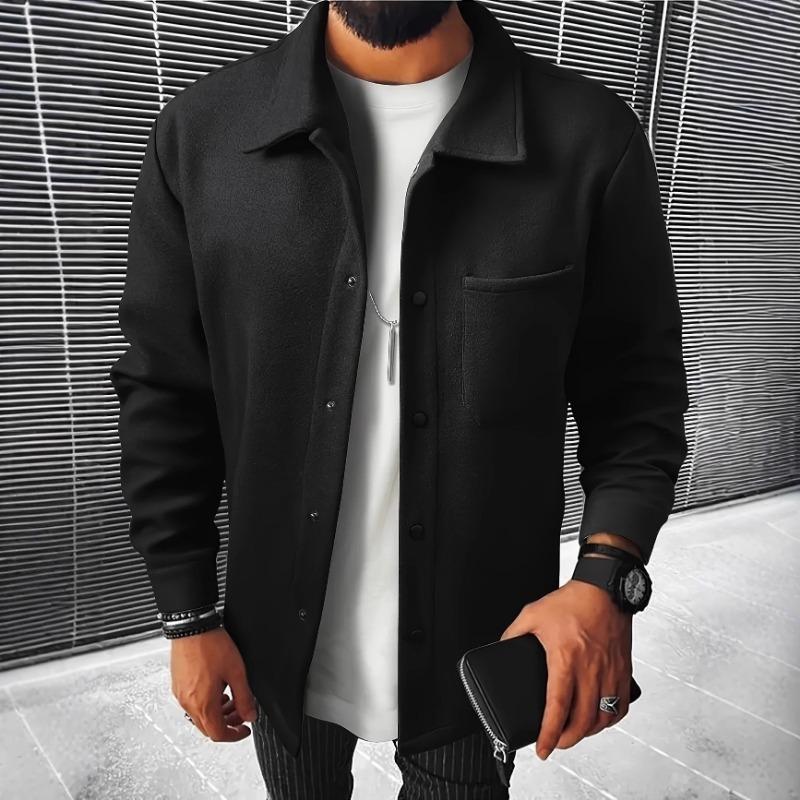 Men's Gray Button Front Overshirt Jacket Casual Fleece Coat