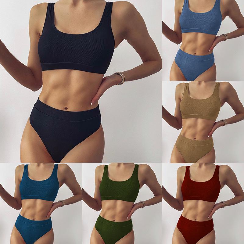 

2023 Multi-Color High Waist Ribbed U-Neck Bikini Set Medium