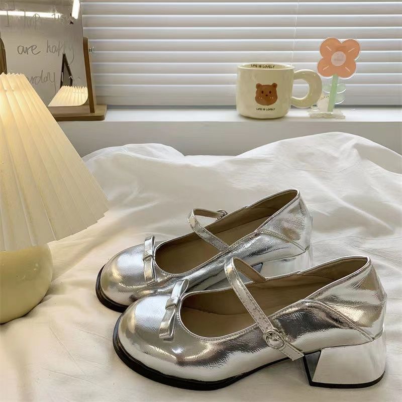 Fairy Style Silver Thick Heel French Mary Jane Shoes 2025 New Summer Light Mouth with Skirt Round Head Small Leather Shoes