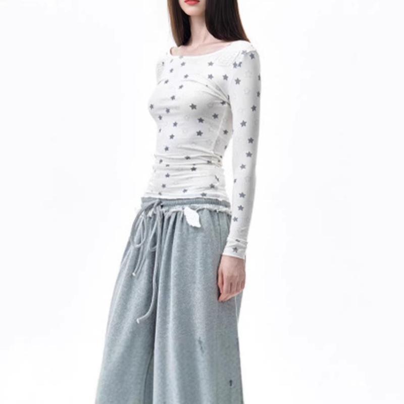 Y2K autumn sweet and fresh star print long sleeved women's round neck slim fit top
