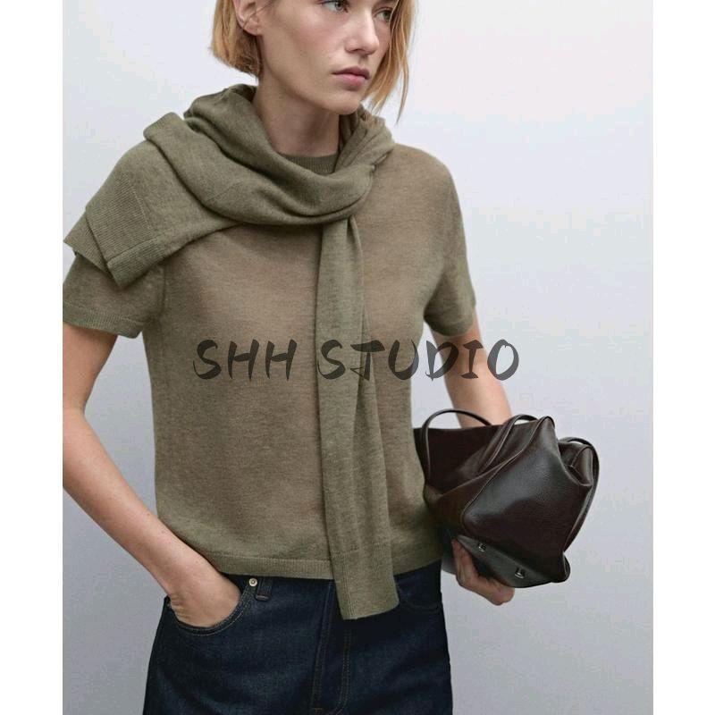 MD Spring New Women's Clothing French Style Casual Light Soft Wool Blended Round Neck Short Sleeve T-shirt 5620617