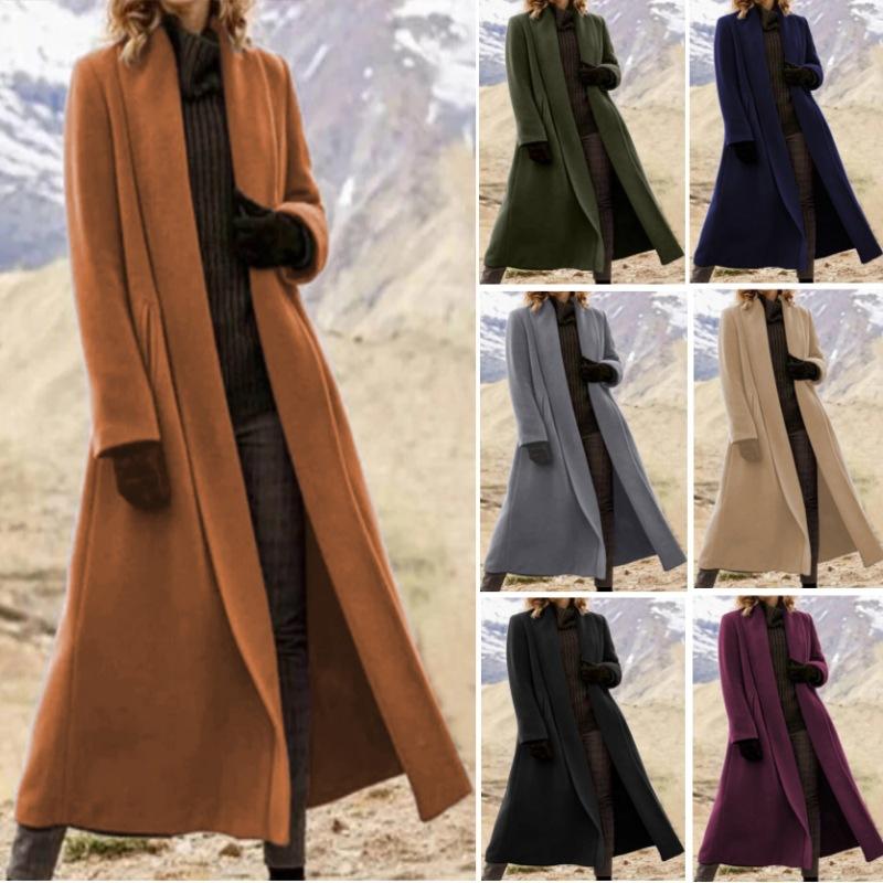 Damen Trenchcoat Winter Casual Midi mit Gürtel und Taschen Übergröße Verlängerter Wollmantel