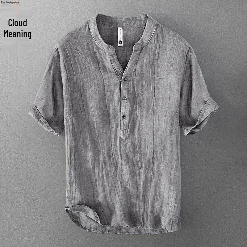 Men's Summer V-Neck Linen T-Shirt - Short-Sleeve, Loose Fit, Retro Chinese Style