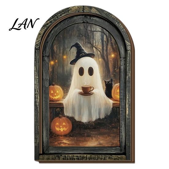 Vertical Wooden Sign Pendant Halloween Vintage Arch Sign, Gothic Spooky Ghost Wall Hanging Decor Dark Floral Print with Bracket, Rustic Aesthetic Home