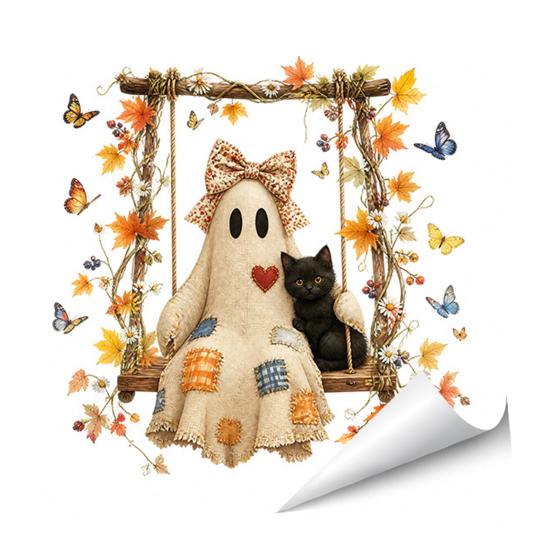Halloween Window Cling Vintage Patch Ghost Static Clings, Thanksgiving Pumpkin Bow Maple Leaf Autumn Home Decoration Glass Stickers, Reusable