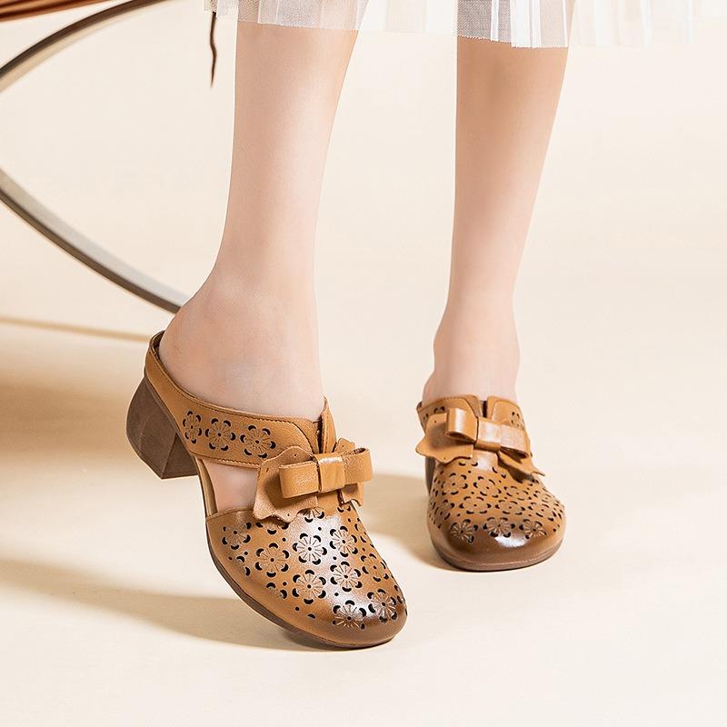 

Летние женские сандалии носят натуральную кожу толстый высокий каблук женские шлепанцы ретро бант сумка для мамы голова нескользящие шлепанцы женщины 40 хаки