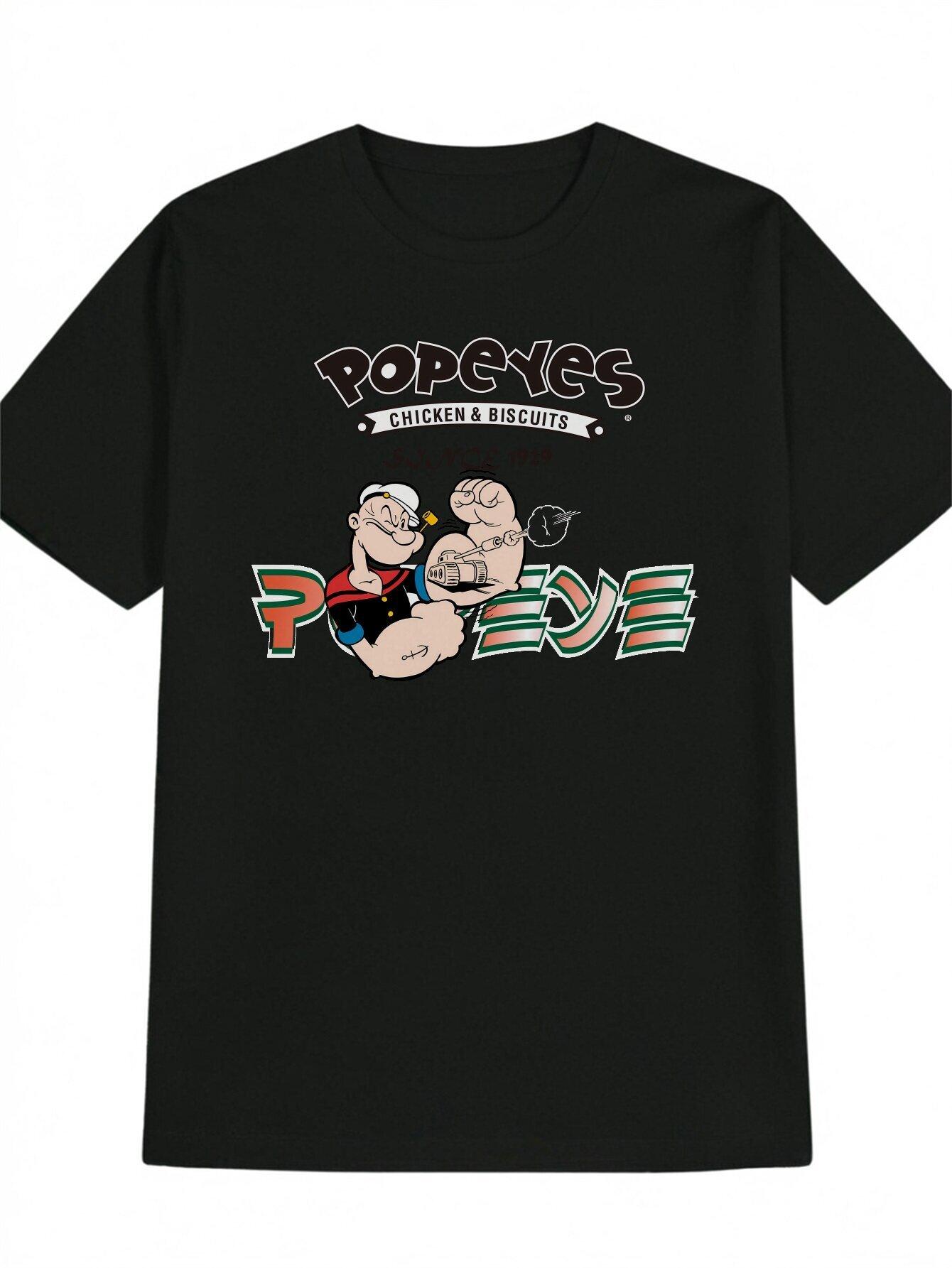 Casual Round Neck T-shirt with Popeye & Olive Oil Print - Black S