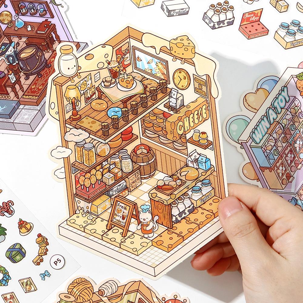 13 Pcs In 1 Book Cartoon 2.8D Landscape Sticker DIY Pocket Cabin Scene Stacking and Stick Stickers Gift for Kid Child Student