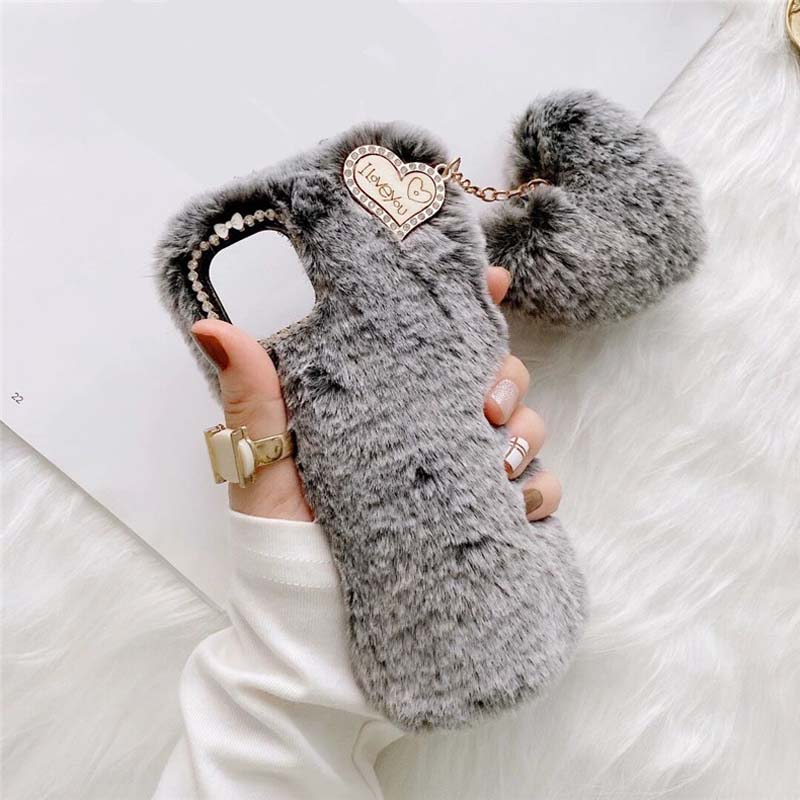 Lovely Love Heart Design Autumn and Winter Long Plush TPU Mobile Phone Cover Case for Iphone X Xr Xs 11 12 13 14 15 16 Pro Max