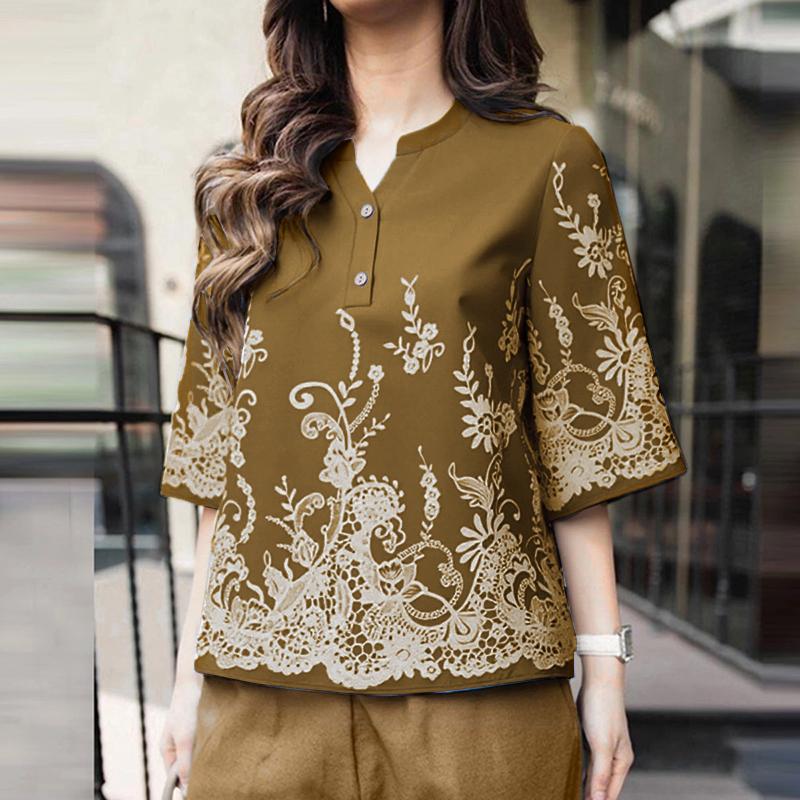 

ZANZEA Женская повседневная блузка с V-образным вырезом, свободная, с коротким рукавом, с принтом 3XL хаки