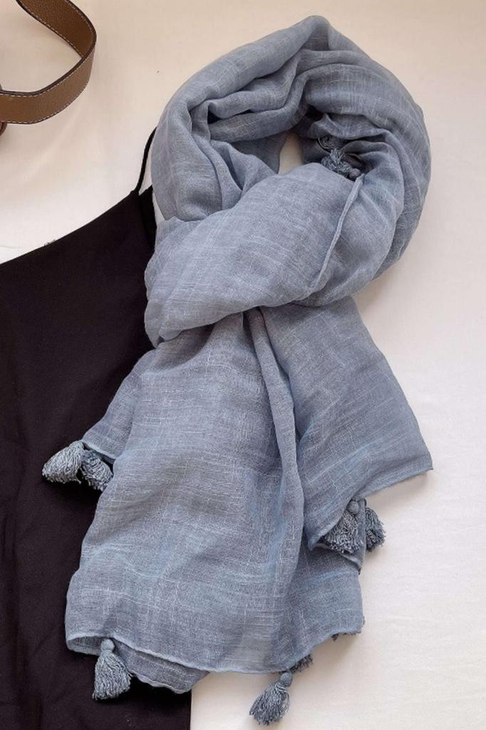 Dusty Blue - Scarf with Fringes 180X90 , Cotton with Polyester