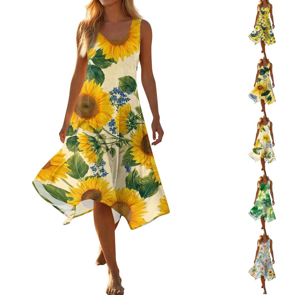 Women's Casual Sleeveless Floral Print Dress Scoop Neck Irregular Hem Mid-Length Summer Dress Lightweight Comfortable Fabric
