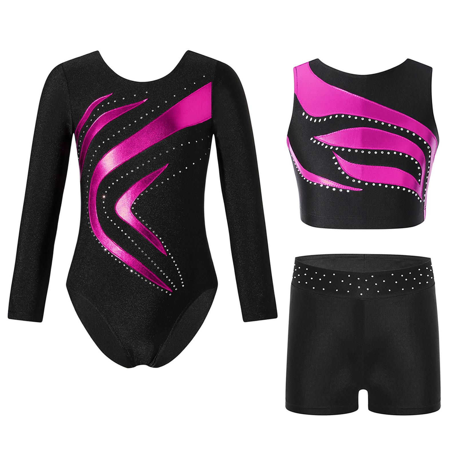 

Girls Gymnastics Dance Set Long Sleeve Metallic Patchwork Leotard Crop Top and Rhinestone Waistband Shorts 5-6 Years