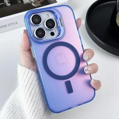 Custodia Magnetica Magsafe a Cambia Colore per iPhone 16 15 14 Plus 13 12 11 Pro Max Protezione Pellicola in Vetro per Obiettivo Cover con Supporto in Metallo