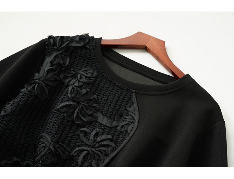 Dámské trendy černé tričko s dlouhým rukávem s výšivkou, zima 2024, nový čínský styl, nadměrná velikost